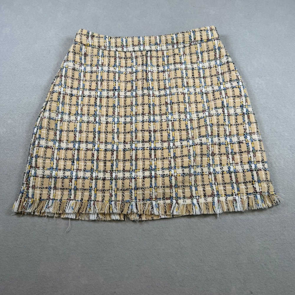 English Factory Tweed Plaid Mini Skirt Tan Blue Multi Fringe Hem Small